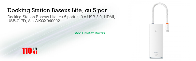 Docking Station Baseus Lite, cu 5 porturi, 3 x USB 3.0, HDMI, USB-C PD, Alb WKQX040002