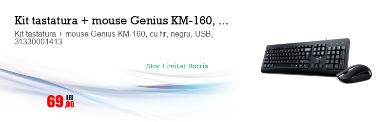 Kit tastatura + mouse Genius KM-160, cu fir, negru, USB, 31330001413
