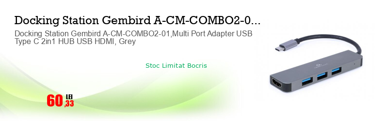 Docking Station Gembird A-CM-COMBO2-01,Multi Port Adapter USB Type C 2in1 HUB USB HDMI, Grey