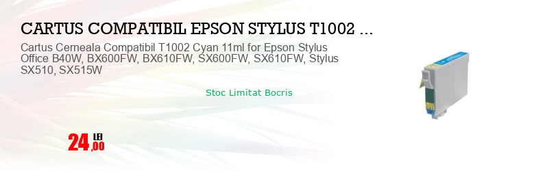 Cartus Cerneala Compatibil T1002 Cyan 11ml for Epson Stylus Office B40W, BX600FW, BX610FW, SX600FW, SX610FW, Stylus SX510, SX515W