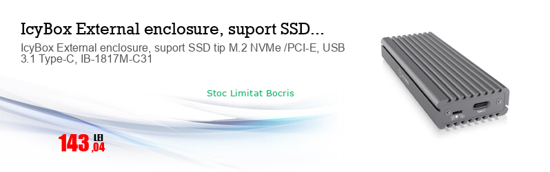IcyBox External enclosure, suport SSD tip M.2 NVMe /PCI-E, USB 3.1 Type-C, IB-1817M-C31