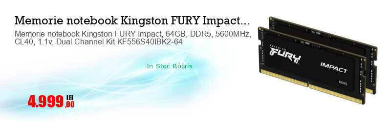 Memorie notebook Kingston FURY Impact, 64GB, DDR5, 5600MHz, CL40, 1.1v, Dual Channel Kit KF556S40IBK2-64