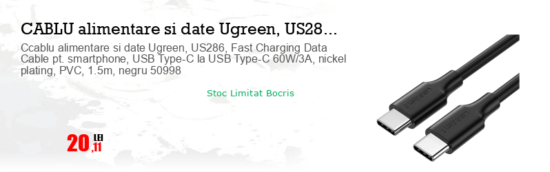 Ccablu alimentare si date Ugreen, US286, Fast Charging Data Cable pt. smartphone, USB Type-C la USB Type-C 60W/3A, nickel plating, PVC, 1.5m, negru 50998