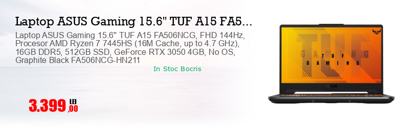 Laptop ASUS Gaming 15.6'' TUF A15 FA506NCG, FHD 144Hz, Procesor AMD Ryzen 7 7445HS (16M Cache, up to 4.7 GHz), 16GB DDR5, 512GB SSD, GeForce RTX 3050 4GB, No OS, Graphite Black FA506NCG-HN211