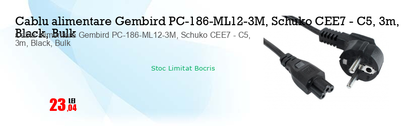 Cablu alimentare Gembird PC-186-ML12-3M, Schuko CEE7 - C5, 3m, Black, Bulk