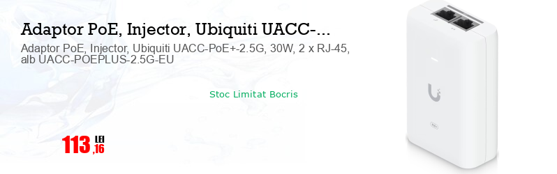 Adaptor PoE, Injector, Ubiquiti UACC-PoE+-2.5G, 30W, 2 x RJ-45, alb UACC-POEPLUS-2.5G-EU