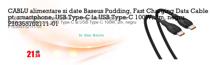 CABLU alimentare si date Baseus Pudding, Fast Charging Data Cable pt. smartphone, USB Type-C la USB Type-C 100W, 2m, negru P10355702111-01
