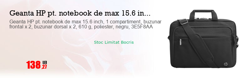 Geanta HP pt. notebook de max 15.6 inch, 1 compartiment, buzunar frontal x 2, buzunar dorsal x 2, 610 g, poliester, negru, 3E5F8AA
