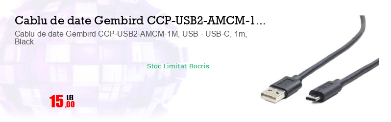 Cablu de date Gembird CCP-USB2-AMCM-1M, USB - USB-C, 1m, Black