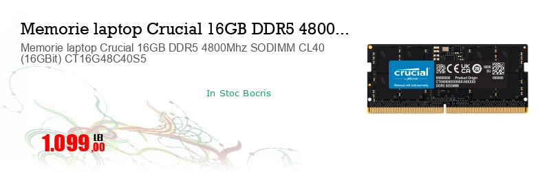 Memorie laptop Crucial 16GB DDR5 4800Mhz SODIMM CL40 (16GBit) CT16G48C40S5