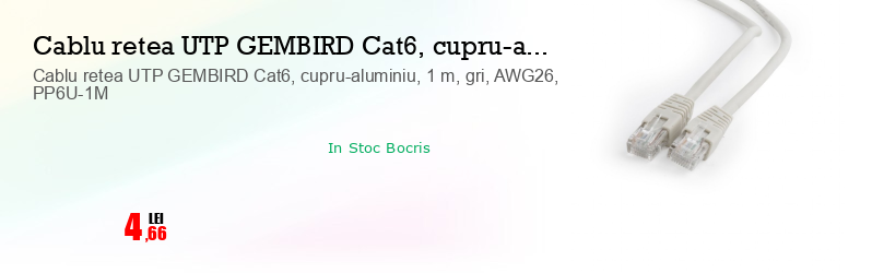 Cablu retea UTP GEMBIRD Cat6, cupru-aluminiu, 1 m, gri, AWG26, PP6U-1M