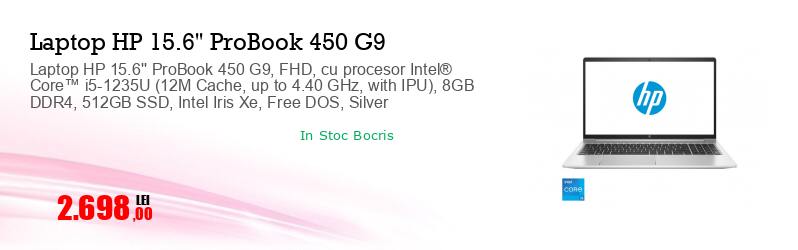 Laptop HP 15.6'' ProBook 450 G9, FHD, cu procesor Intel® Core™ i5-1235U (12M Cache, up to 4.40 GHz, with IPU), 8GB DDR4, 512GB SSD, Intel Iris Xe, Free DOS, Silver