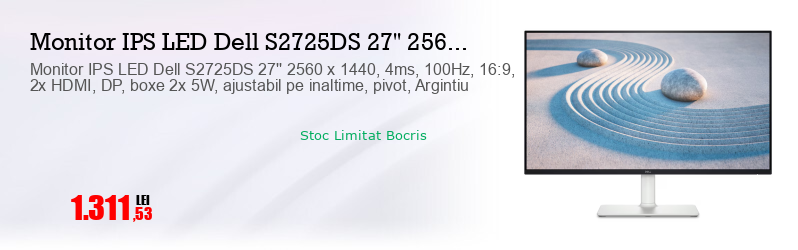 Monitor IPS LED Dell S2725DS 27'' 2560 x 1440, 4ms, 100Hz, 16:9, 2x HDMI, DP, boxe 2x 5W, ajustabil pe inaltime, pivot, Argintiu  