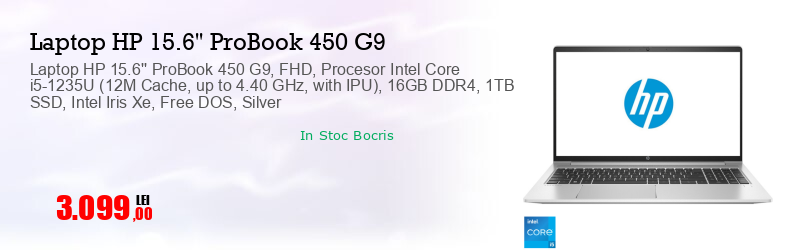 Laptop HP 15.6'' ProBook 450 G9, FHD, Procesor Intel Core i5-1235U (12M Cache, up to 4.40 GHz, with IPU), 16GB DDR4, 1TB SSD, Intel Iris Xe, Free DOS, Silver