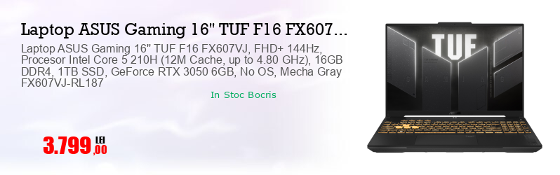 Laptop ASUS Gaming 16'' TUF F16 FX607VJ, FHD+ 144Hz, Procesor Intel Core 5 210H (12M Cache, up to 4.80 GHz), 16GB DDR4, 1TB SSD, GeForce RTX 3050 6GB, No OS, Mecha Gray FX607VJ-RL187