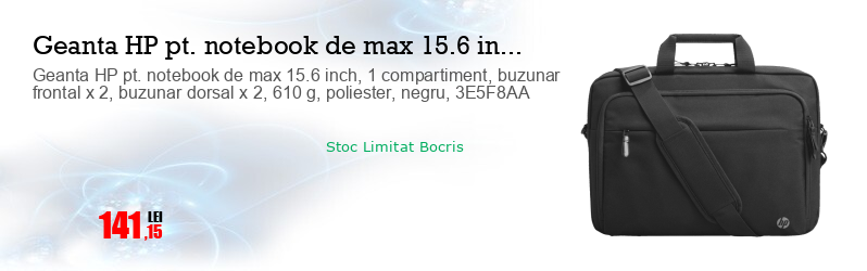 Geanta HP pt. notebook de max 15.6 inch, 1 compartiment, buzunar frontal x 2, buzunar dorsal x 2, 610 g, poliester, negru, 3E5F8AA