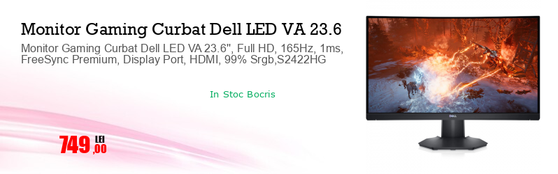 Monitor Gaming Curbat Dell LED VA 23.6'', Full HD, 165Hz, 1ms, FreeSync Premium, Display Port, HDMI, 99% Srgb,S2422HG