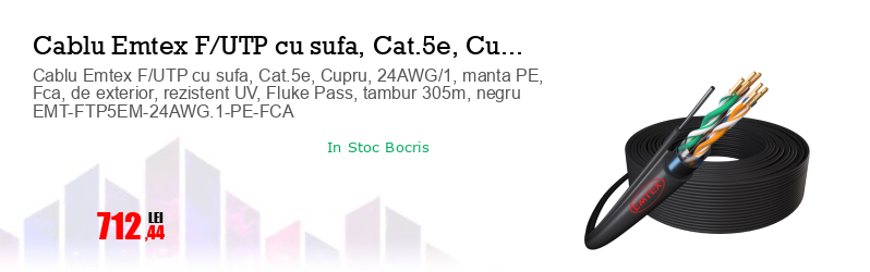 Cablu Emtex F/UTP cu sufa, Cat.5e, Cupru, 24AWG/1, manta PE, Fca, de exterior, rezistent UV, Fluke Pass, tambur 305m, negru EMT-FTP5EM-24AWG.1-PE-FCA