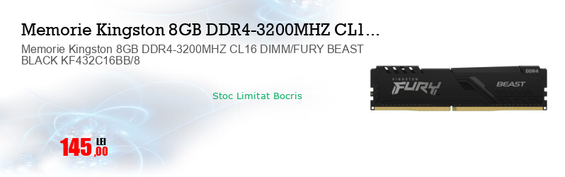 Memorie Kingston 8GB DDR4-3200MHZ CL16 DIMM/FURY BEAST BLACK KF432C16BB/8