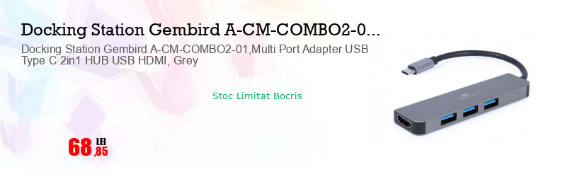 Docking Station Gembird A-CM-COMBO2-01,Multi Port Adapter USB Type C 2in1 HUB USB HDMI, Grey