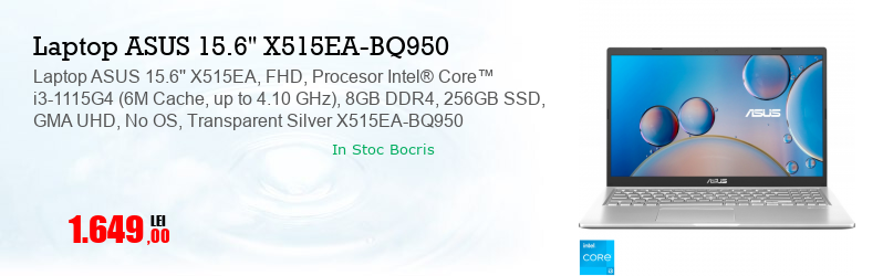 Laptop ASUS 15.6'' X515EA, FHD, Procesor Intel® Core™ i3-1115G4 (6M Cache, up to 4.10 GHz), 8GB DDR4, 256GB SSD, GMA UHD, No OS, Transparent Silver X515EA-BQ950