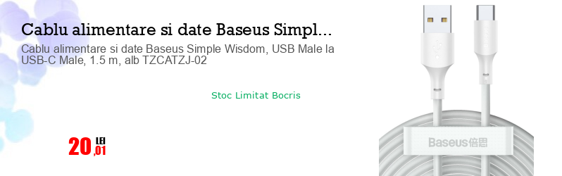 Cablu alimentare si date Baseus Simple Wisdom, USB Male la USB-C Male, 1.5 m, alb TZCATZJ-02