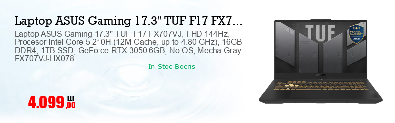 Laptop ASUS Gaming 17.3'' TUF F17 FX707VJ, FHD 144Hz, Procesor Intel Core 5 210H (12M Cache, up to 4.80 GHz), 16GB DDR4, 1TB SSD, GeForce RTX 3050 6GB, No OS, Mecha Gray FX707VJ-HX078
