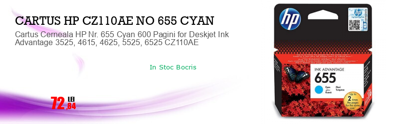 Cartus Cerneala HP Nr. 655 Cyan 600 Pagini for Deskjet Ink Advantage 3525, 4615, 4625, 5525, 6525 CZ110AE