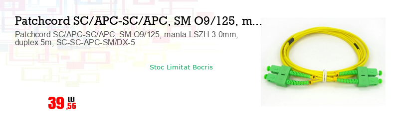 Patchcord SC/APC-SC/APC, SM O9/125, manta LSZH 3.0mm, duplex 5m, SC-SC-APC-SM/DX-5