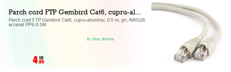 Parch cord FTP Gembird Cat6, cupru-aluminiu, 0.5 m, gri, AWG26, ecranat PP6-0.5M