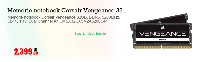 Memorie notebook Corsair Vengeance 32GB, DDR5, 5200MHz, CL44, 1.1v, Dual Channel Kit CMSX32GX5M2A5200C44