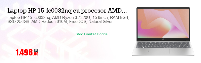 Laptop HP 15-fc0032nq, AMD Ryzen 3 7320U, 15.6inch, RAM 8GB, SSD 256GB, AMD Radeon 610M, FreeDOS, Natural Silver