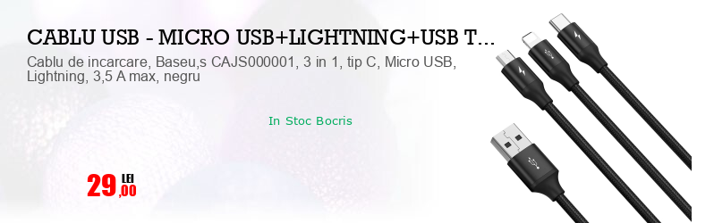 Cablu de incarcare, Baseu,s CAJS000001, 3 in 1, tip C, Micro USB, Lightning, 3,5 A max, negru