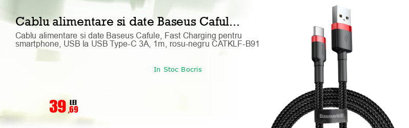 Cablu alimentare si date Baseus Cafule, Fast Charging pentru smartphone, USB la USB Type-C 3A, 1m, rosu-negru CATKLF-B91