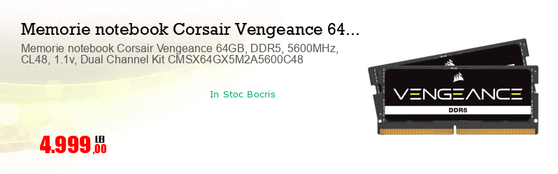Memorie notebook Corsair Vengeance 64GB, DDR5, 5600MHz, CL48, 1.1v, Dual Channel Kit CMSX64GX5M2A5600C48