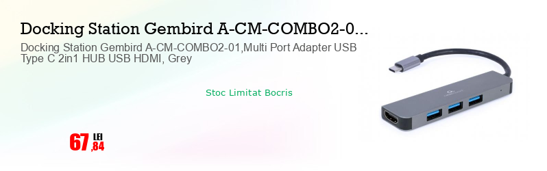 Docking Station Gembird A-CM-COMBO2-01,Multi Port Adapter USB Type C 2in1 HUB USB HDMI, Grey