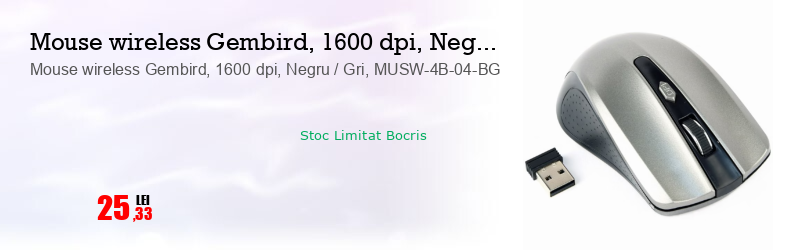 Mouse wireless Gembird, 1600 dpi, Negru / Gri, MUSW-4B-04-BG