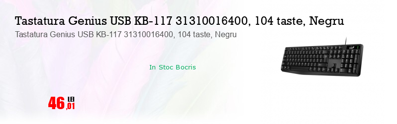 Tastatura Genius USB KB-117 31310016400, 104 taste, Negru