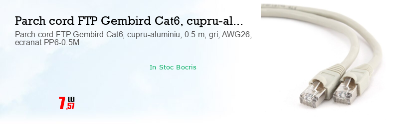 Parch cord FTP Gembird Cat6, cupru-aluminiu, 0.5 m, gri, AWG26, ecranat PP6-0.5M