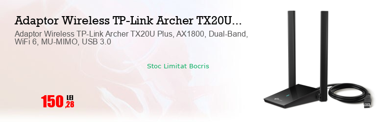 Adaptor Wireless TP-Link Archer TX20U Plus, AX1800, Dual-Band, WiFi 6, MU-MIMO, USB 3.0