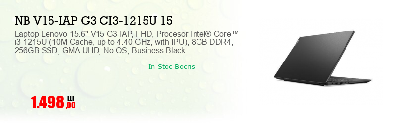 Laptop Lenovo 15.6'' V15 G3 IAP, FHD, Procesor Intel® Core™ i3-1215U (10M Cache, up to 4.40 GHz, with IPU), 8GB DDR4, 256GB SSD, GMA UHD, No OS, Business Black