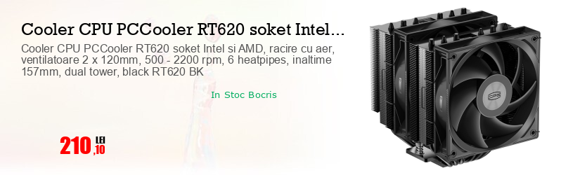 Cooler CPU PCCooler RT620 soket Intel si AMD, racire cu aer, ventilatoare 2 x 120mm, 500 - 2200 rpm, 6 heatpipes, inaltime 157mm, dual tower, black RT620 BK