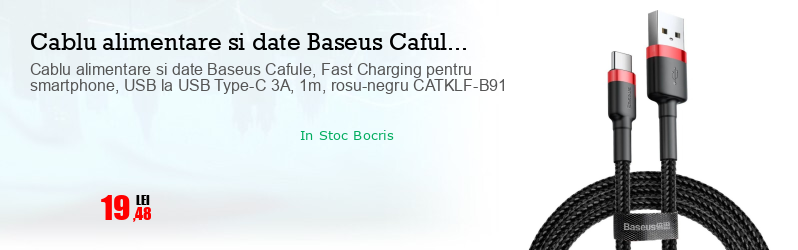 Cablu alimentare si date Baseus Cafule, Fast Charging pentru smartphone, USB la USB Type-C 3A, 1m, rosu-negru CATKLF-B91