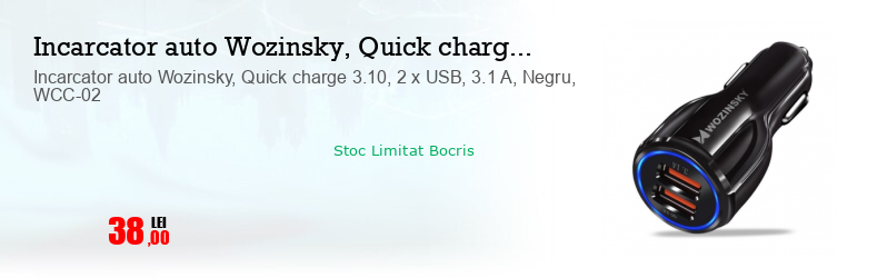 Incarcator auto Wozinsky, Quick charge 3.10, 2 x USB, 3.1 A, Negru, WCC-02