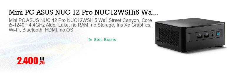 Mini PC ASUS NUC 12 Pro NUC12WSHi5 Wall Street Canyon, Core i5-1240P 4.4GHz Alder Lake, no RAM, no Storage, Iris Xe Graphics, Wi-Fi, Bluetooth, HDMI, no OS
