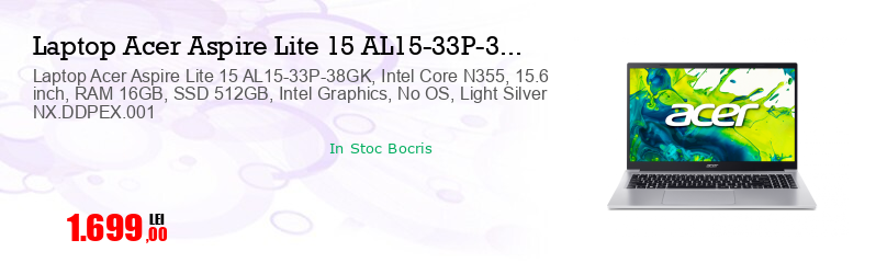 Laptop Acer Aspire Lite 15 AL15-33P-38GK, Intel Core N355, 15.6 inch, RAM 16GB, SSD 512GB, Intel Graphics, No OS, Light Silver NX.DDPEX.001