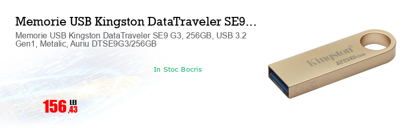 Memorie USB Kingston DataTraveler SE9 G3, 256GB, USB 3.2 Gen1, Metalic, Auriu DTSE9G3/256GB