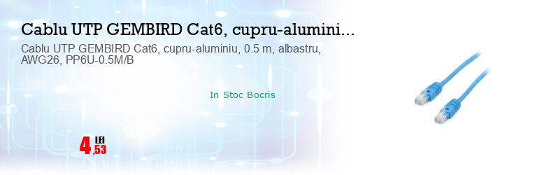 Cablu UTP GEMBIRD Cat6, cupru-aluminiu, 0.5 m, albastru, AWG26, PP6U-0.5M/B