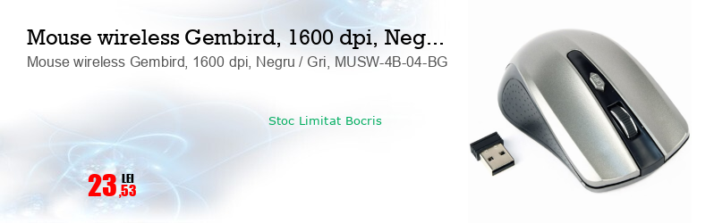 Mouse wireless Gembird, 1600 dpi, Negru / Gri, MUSW-4B-04-BG