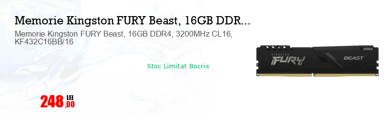 Memorie Kingston FURY Beast, 16GB DDR4, 3200MHz CL16, KF432C16BB/16
